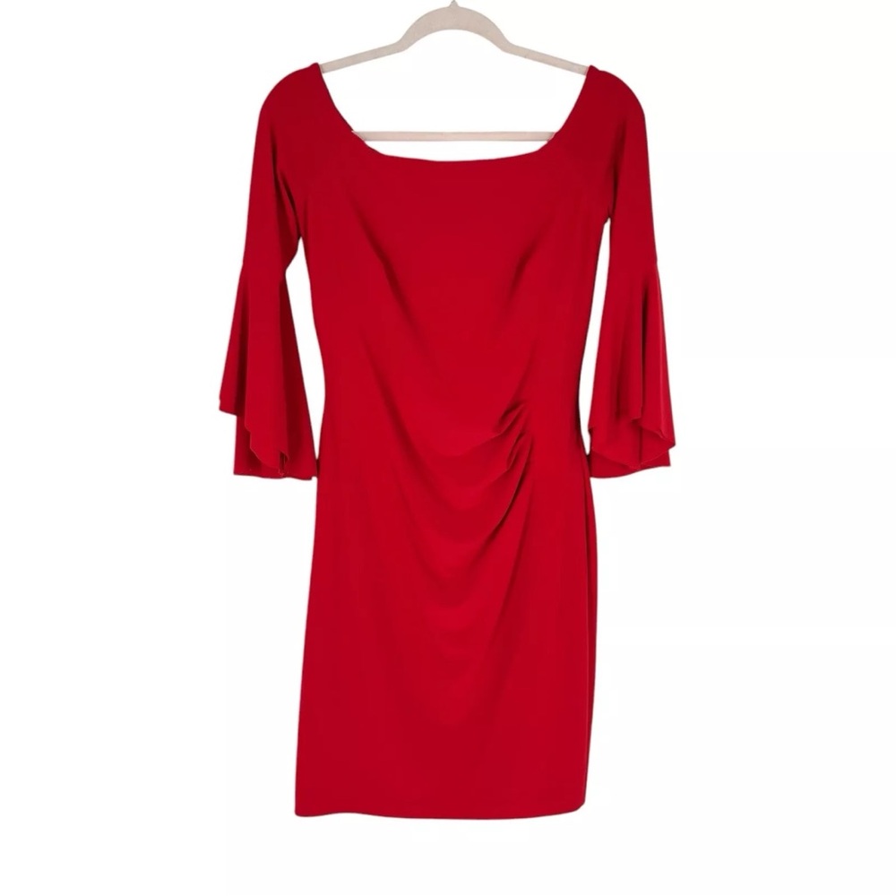 Lauren Ralph Lauren Dress Womens Size 4 Red Ruched Draped Stretch Bell Sleeve